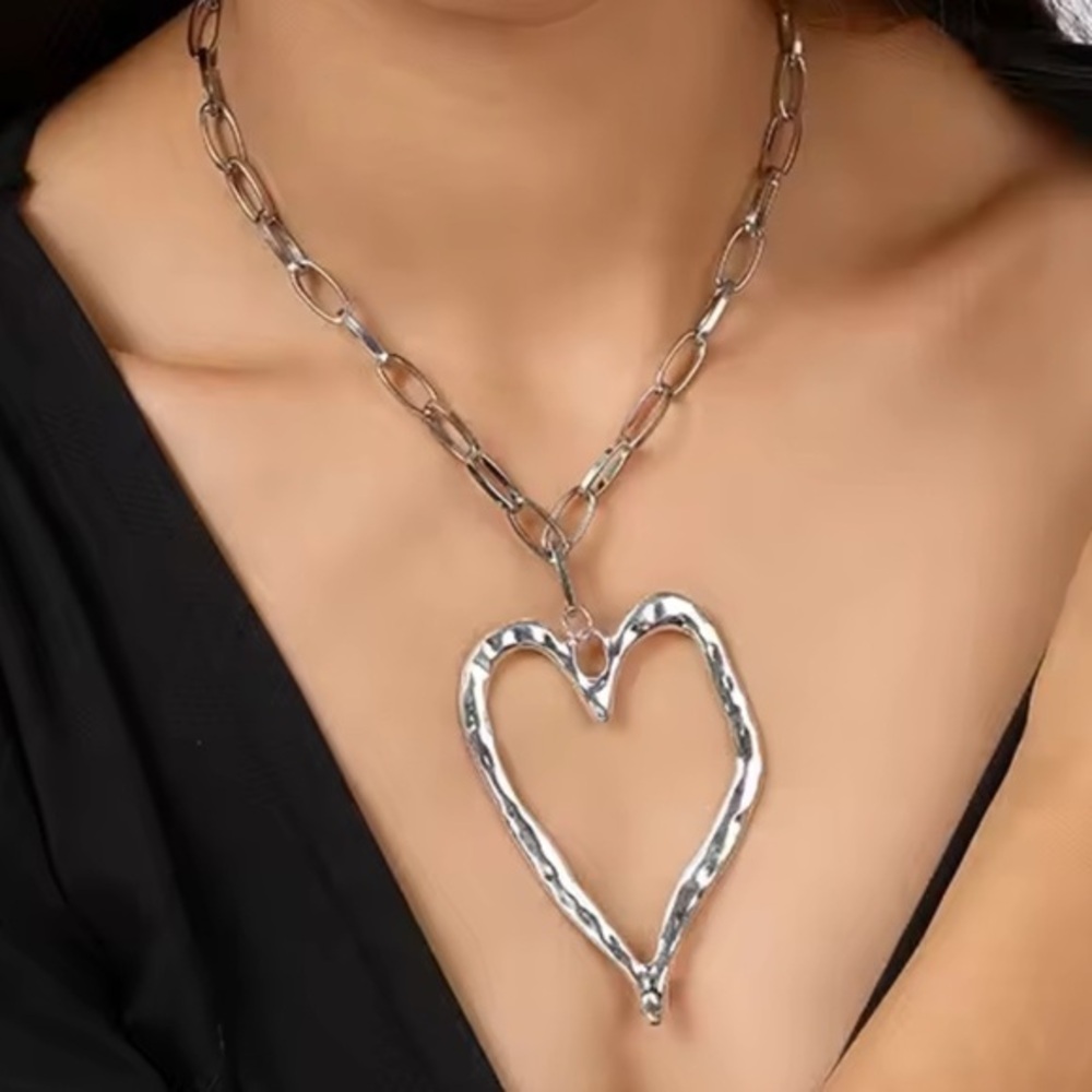 Free people Silver heart necklace Boho oversized